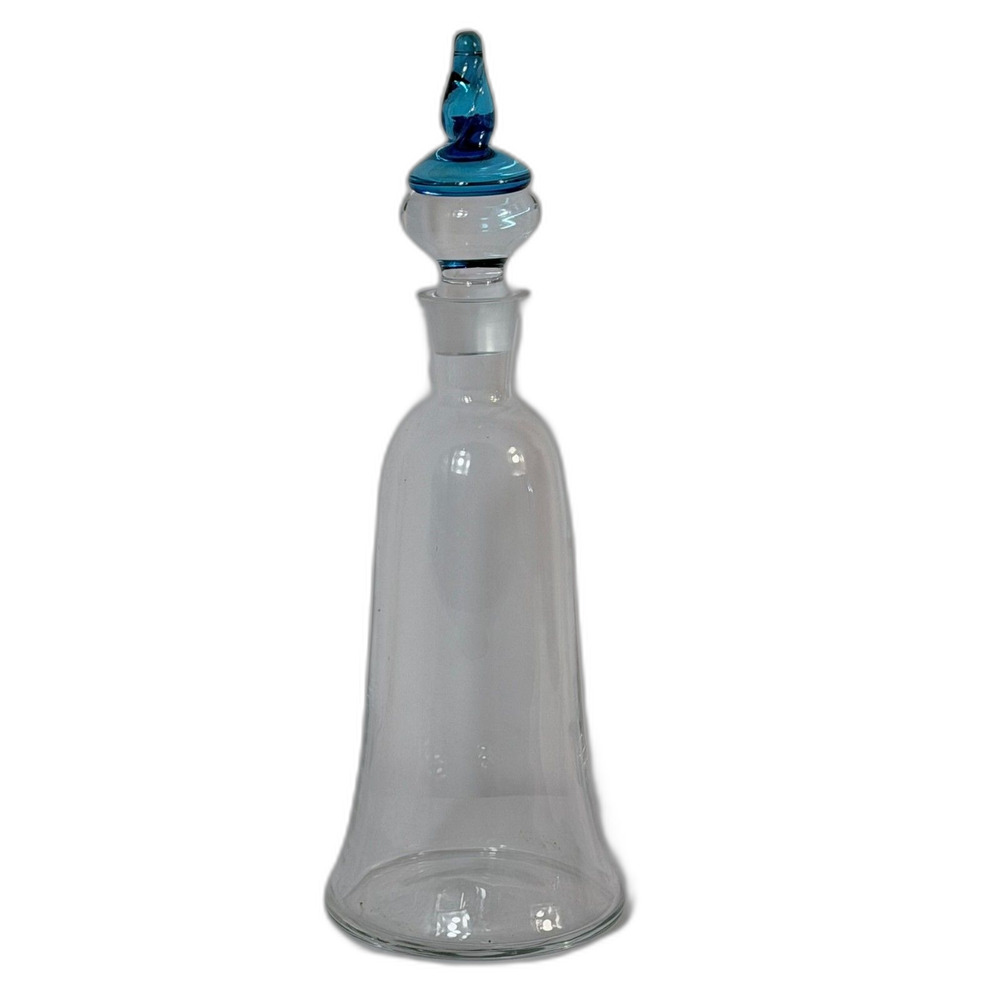 Mid Century MCM Alcohol Clear Glass Bell Shape Decanter Blue Swirl Topper